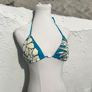 Y2K Blue Floral Triangle Bikini Top Tropical Halter Swim M